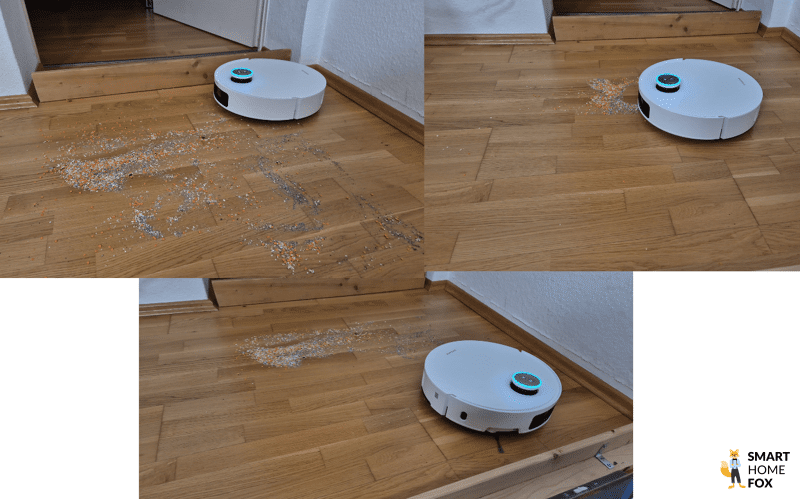 Der Dreame X50 Ultra saugt Haferflocken vom Parkett.